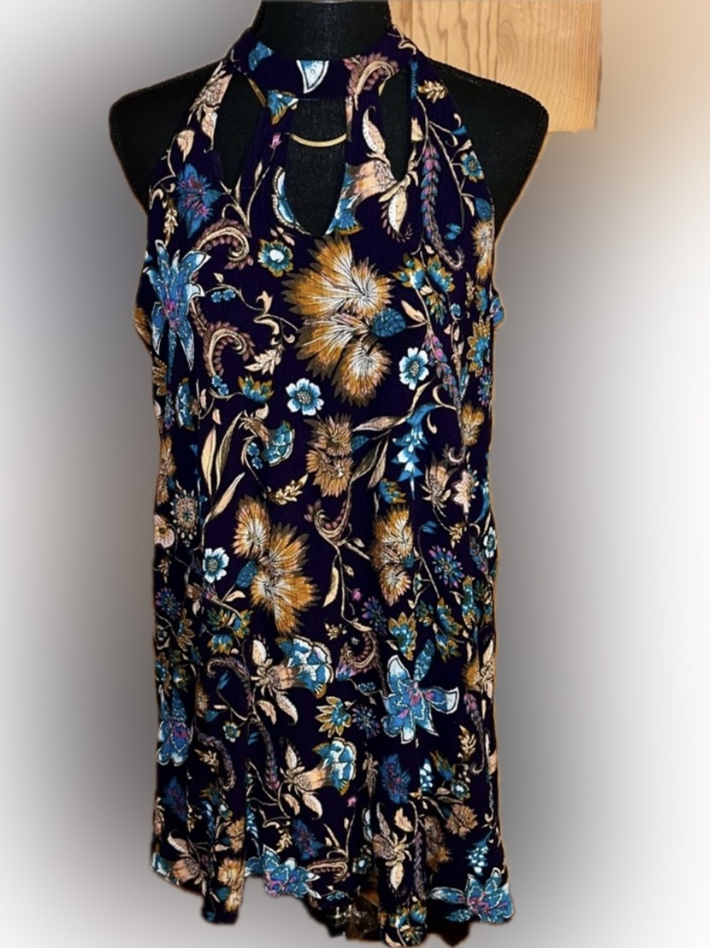Xhilaration Paisley Floral High Neck Cutout Swing Mini Dress XL Purple Boho Chic